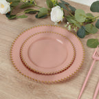 10 - Pack Dusty Rose Plastic Dessert Plates â€“ 8" Round with Gold Beaded Rim, Disposable for Parties & Events - Bell Racket Store