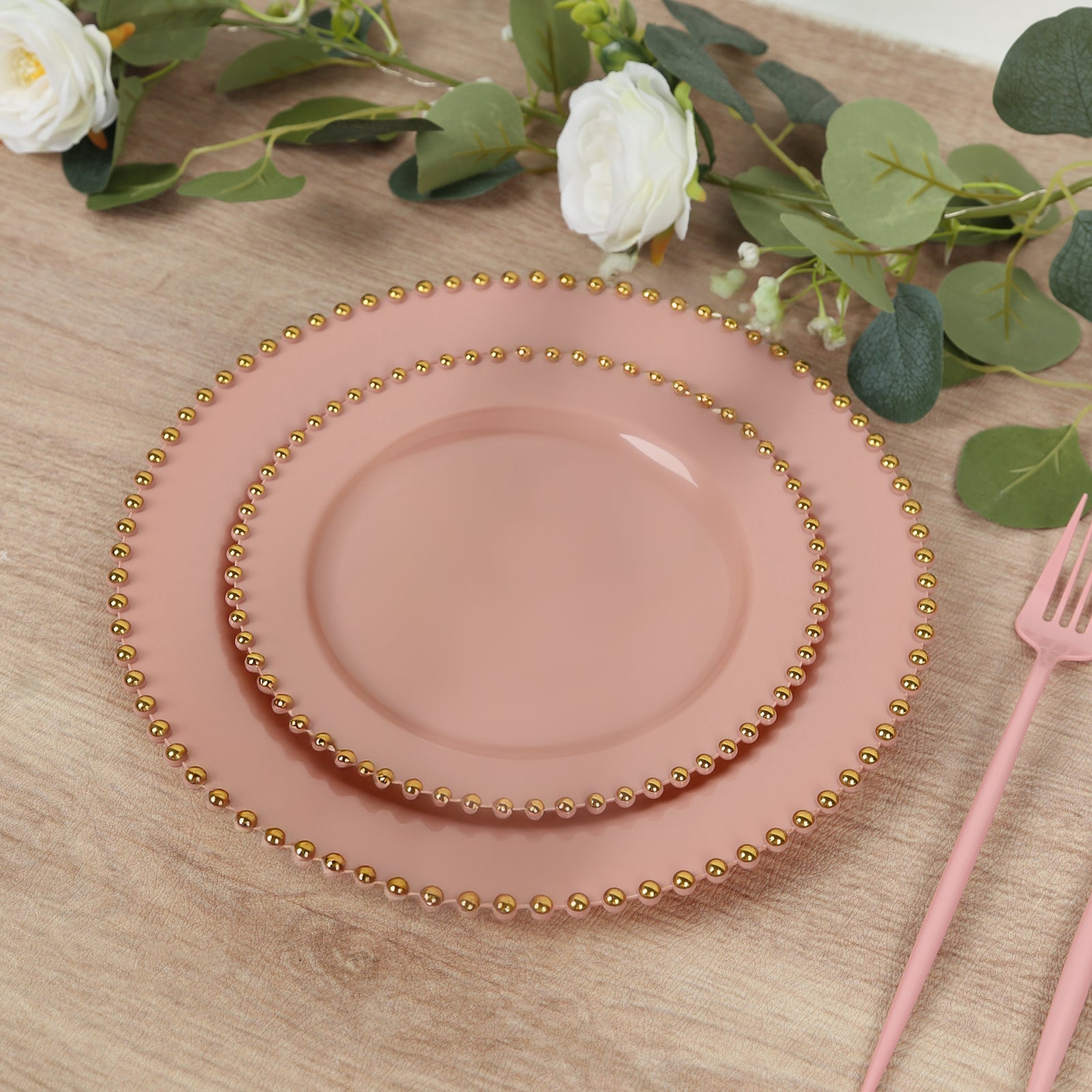 10 - Pack Dusty Rose Plastic Dessert Plates â€“ 8" Round with Gold Beaded Rim, Disposable for Parties & Events - Bell Racket Store