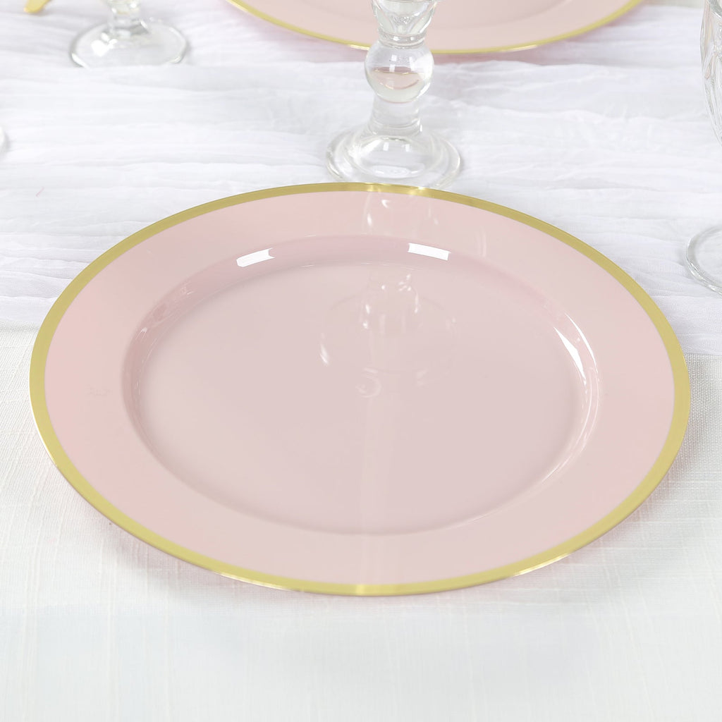 10 - Pack Economy Plastic Round Charger Plates 12" in Blush with Wide Gold Rim, Decorative Dinner Party Serving Plates - Bell Racket Store