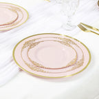 10 - Pack Economy Plastic Round Charger Plates 12" in Blush with Wide Gold Rim, Decorative Dinner Party Serving Plates - Bell Racket Store