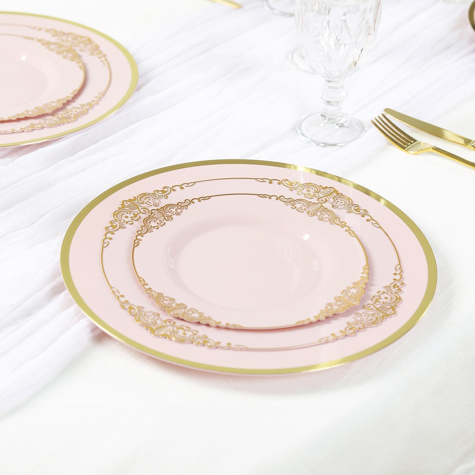 10 - Pack Economy Plastic Round Charger Plates 12" in Blush with Wide Gold Rim, Decorative Dinner Party Serving Plates - Bell Racket Store