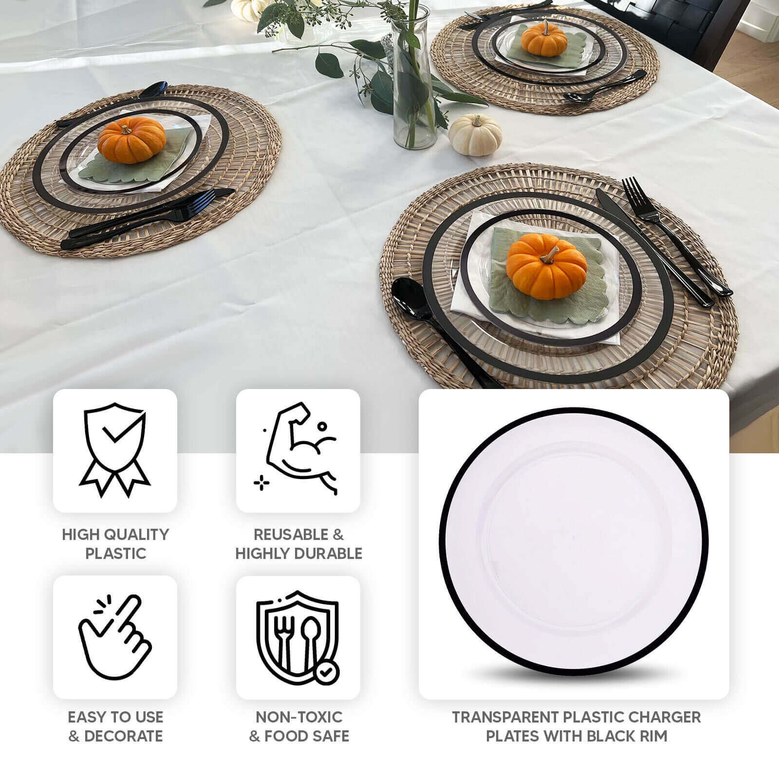 10 - Pack Economy Plastic Round Charger Plates 12" in Clear with Wide Black Rim, Decorative Dinner Party Serving Plates - Bell Racket Store