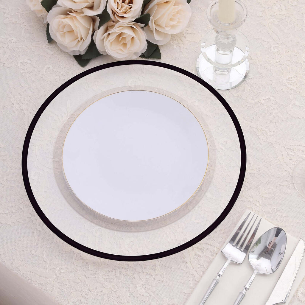 10 - Pack Economy Plastic Round Charger Plates 12" in Clear with Wide Black Rim, Decorative Dinner Party Serving Plates - Bell Racket Store