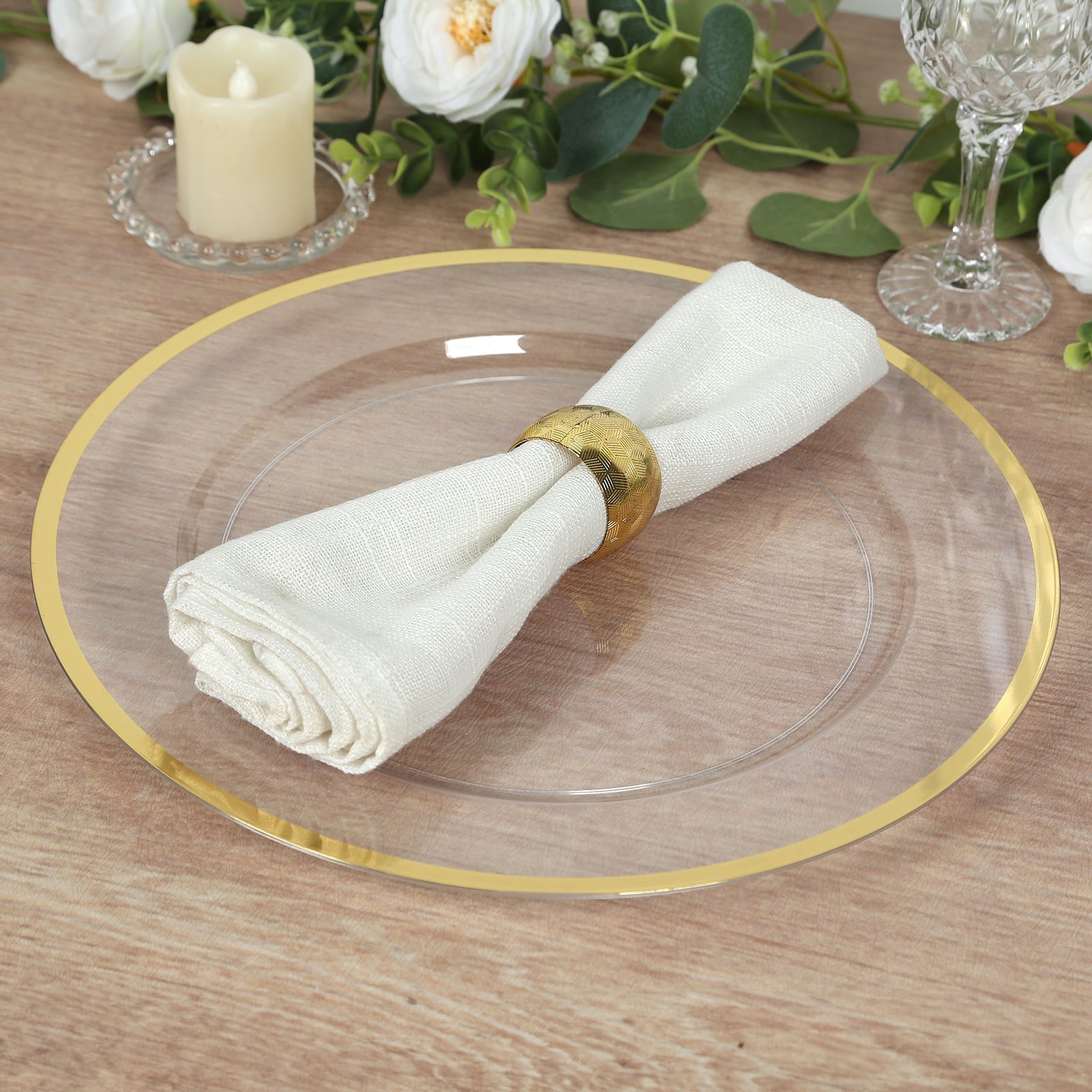10-Pack Economy Plastic Round Charger Plates 12" in Clear with Wide Gold Rim, Decorative Dinner Party Serving Plates