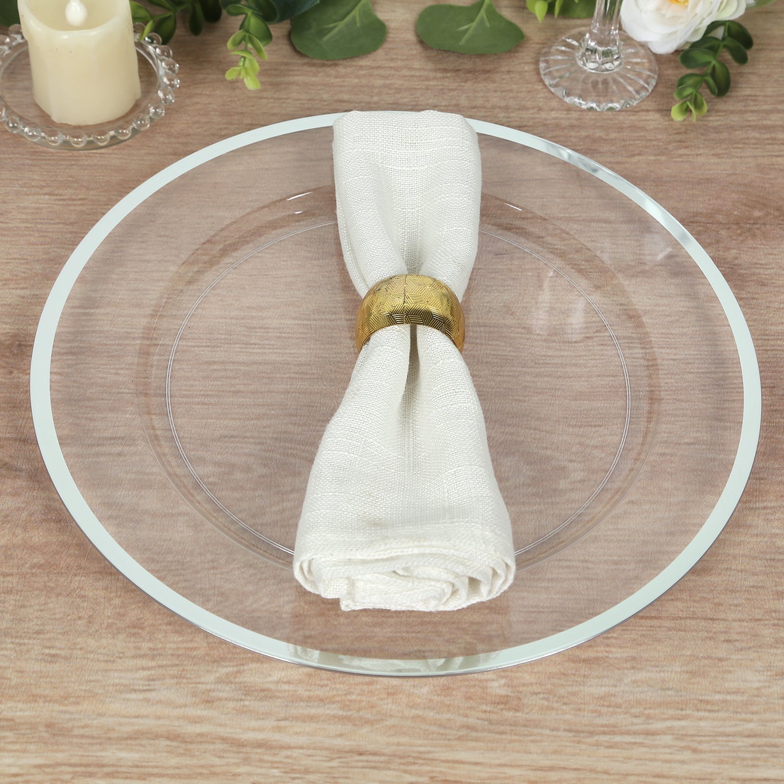 10-Pack Economy Plastic Round Charger Plates 12" in Clear with Wide Silver Rim, Decorative Dinner Party Serving Plates