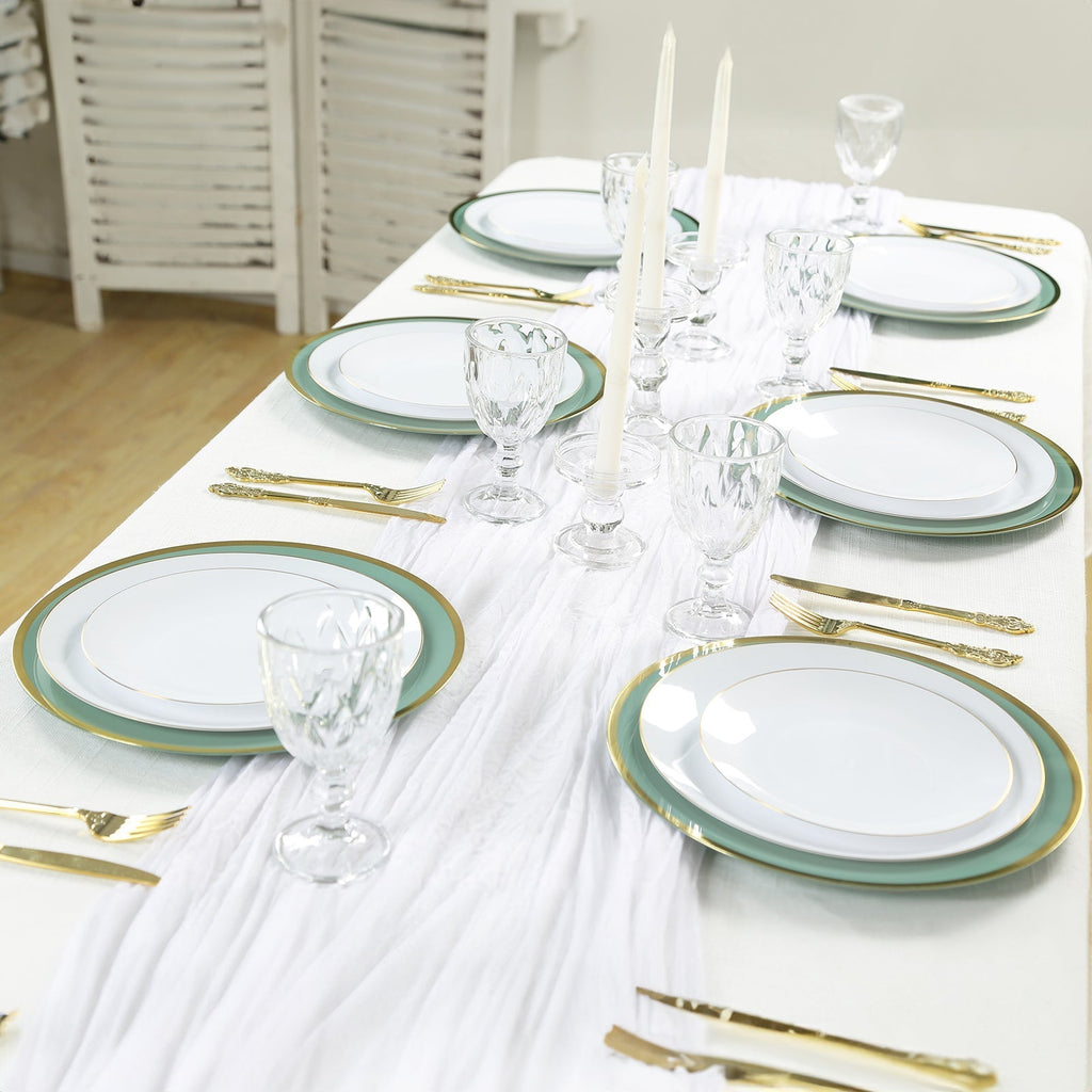 10 - Pack Economy Plastic Round Charger Plates 12" in Dusty Sage Green with Wide Gold Rim, Decorative Dinner Party Serving Plates - Bell Racket Store