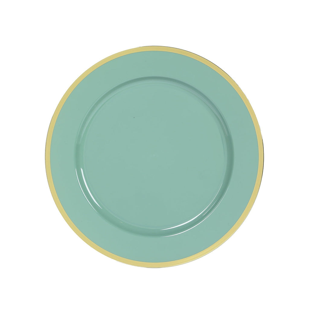 10 - Pack Economy Plastic Round Charger Plates 12" in Dusty Sage Green with Wide Gold Rim, Decorative Dinner Party Serving Plates - Bell Racket Store