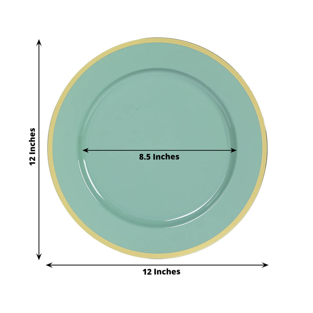 10 - Pack Economy Plastic Round Charger Plates 12" in Dusty Sage Green with Wide Gold Rim, Decorative Dinner Party Serving Plates - Bell Racket Store