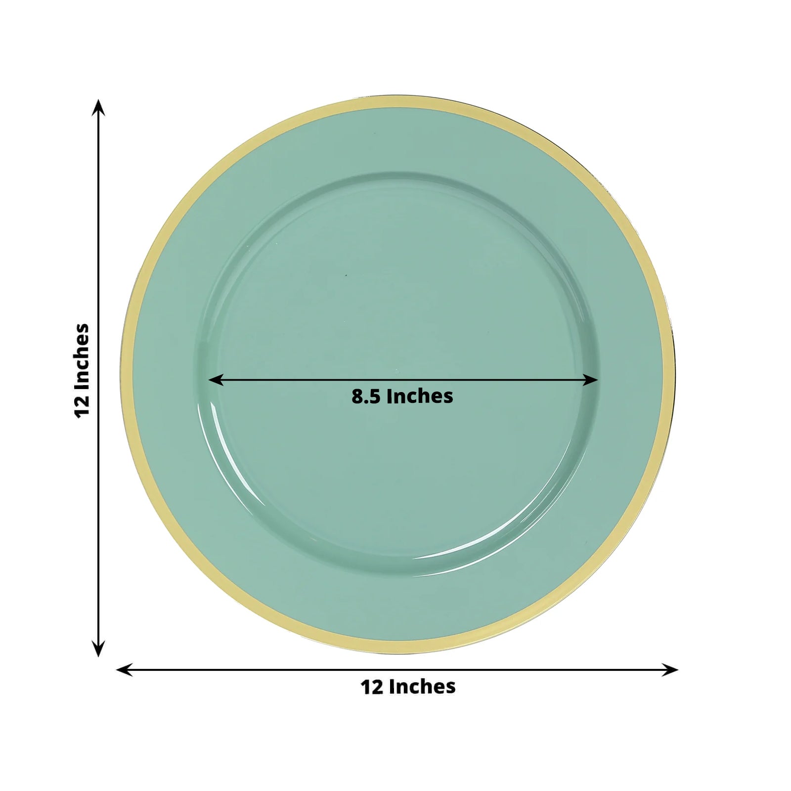 10 - Pack Economy Plastic Round Charger Plates 12" in Dusty Sage Green with Wide Gold Rim, Decorative Dinner Party Serving Plates - Bell Racket Store