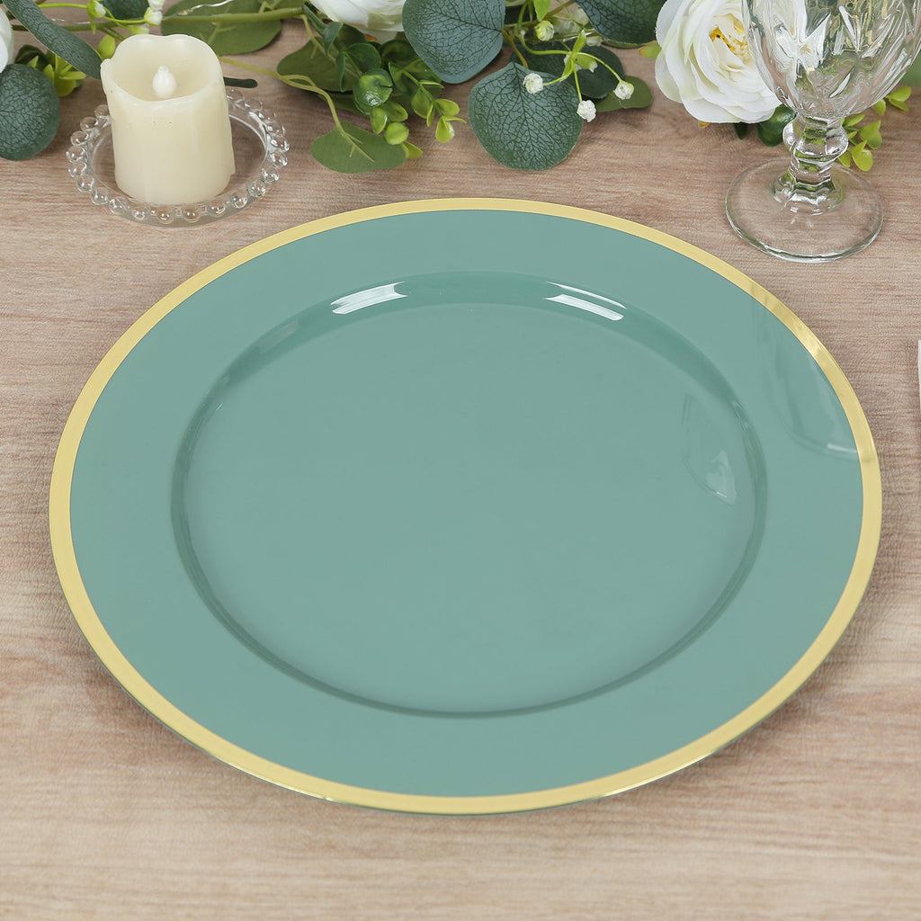 10 - Pack Economy Plastic Round Charger Plates 12" in Dusty Sage Green with Wide Gold Rim, Decorative Dinner Party Serving Plates - Bell Racket Store
