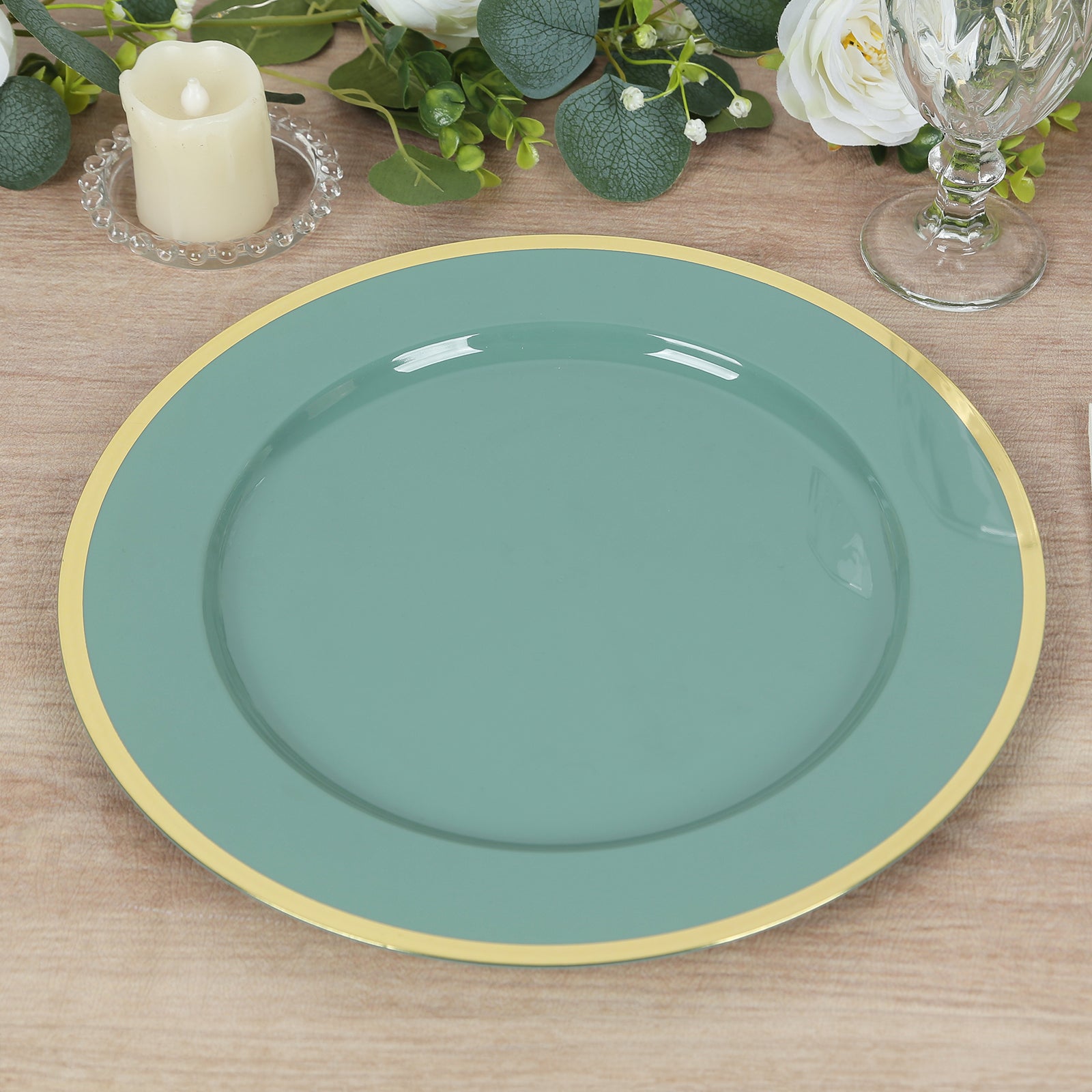 10 - Pack Economy Plastic Round Charger Plates 12" in Dusty Sage Green with Wide Gold Rim, Decorative Dinner Party Serving Plates - Bell Racket Store