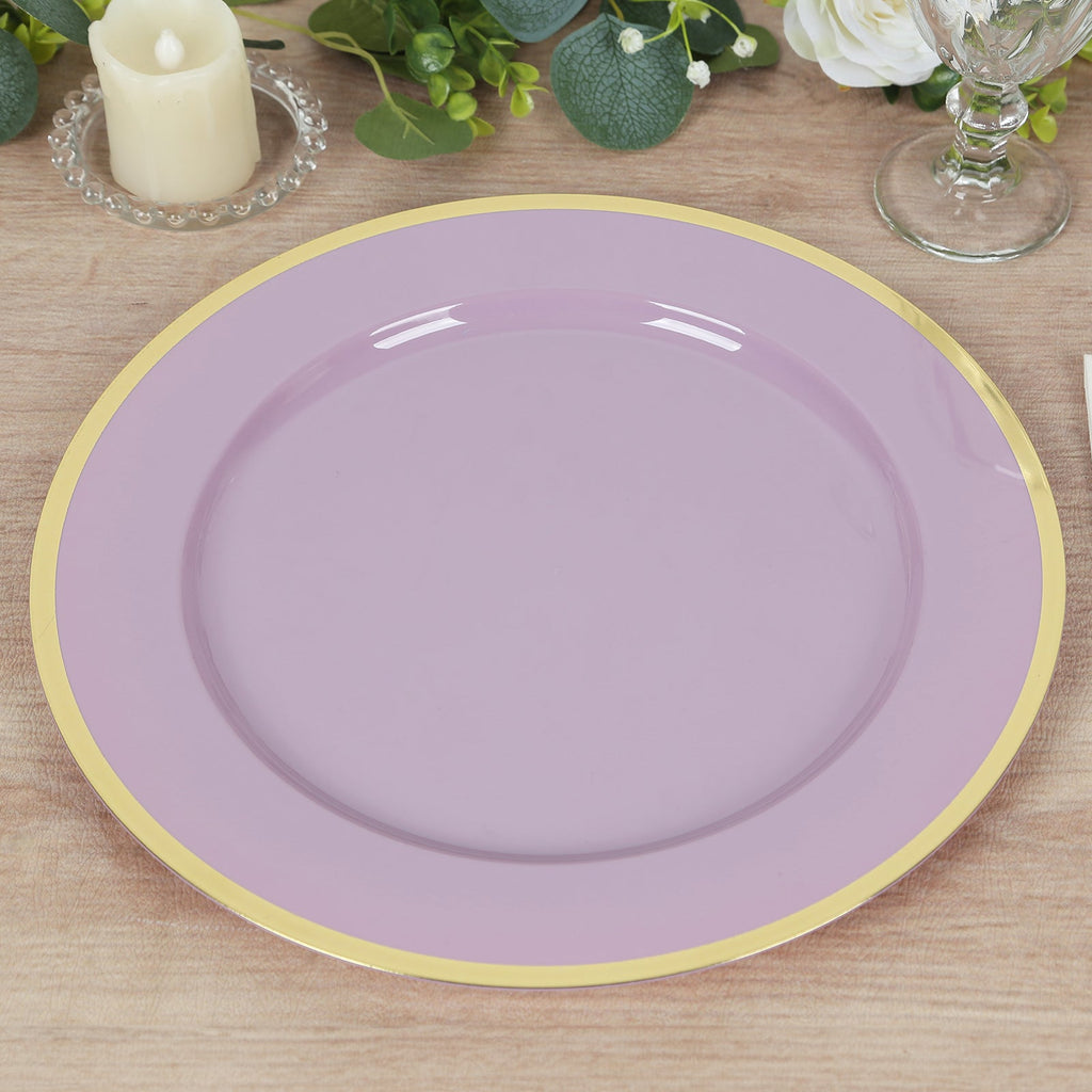 10 - Pack Economy Plastic Round Charger Plates 12" in Lavender Lilac with Wide Gold Rim, Decorative Dinner Party Serving Plates - Bell Racket Store