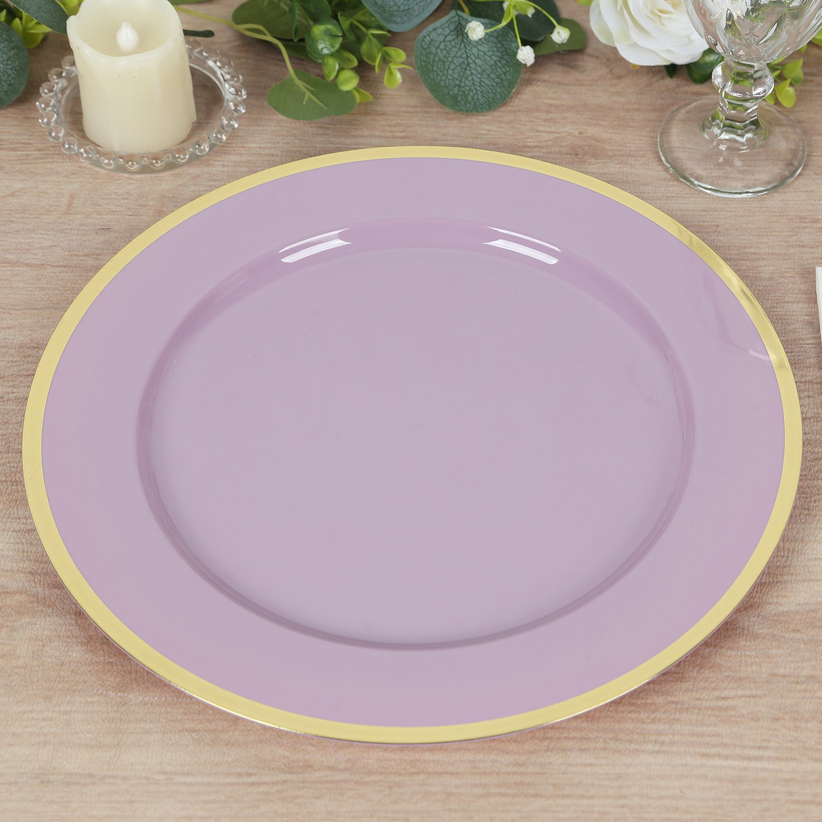10 - Pack Economy Plastic Round Charger Plates 12" in Lavender Lilac with Wide Gold Rim, Decorative Dinner Party Serving Plates - Bell Racket Store