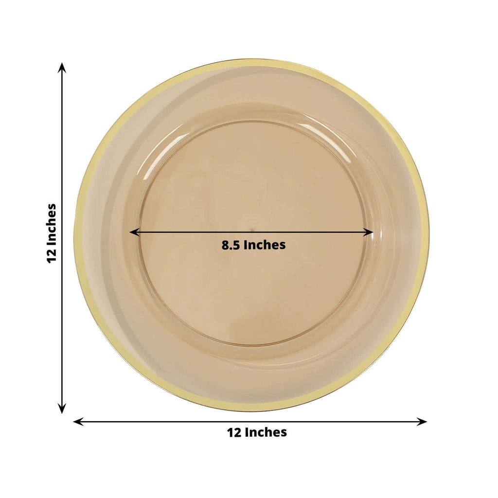 10 - Pack Economy Plastic Round Charger Plates 12" in Transparent Amber Gold with Wide Gold Rim, Decorative Dinner Party Serving Plates - Bell Racket Store