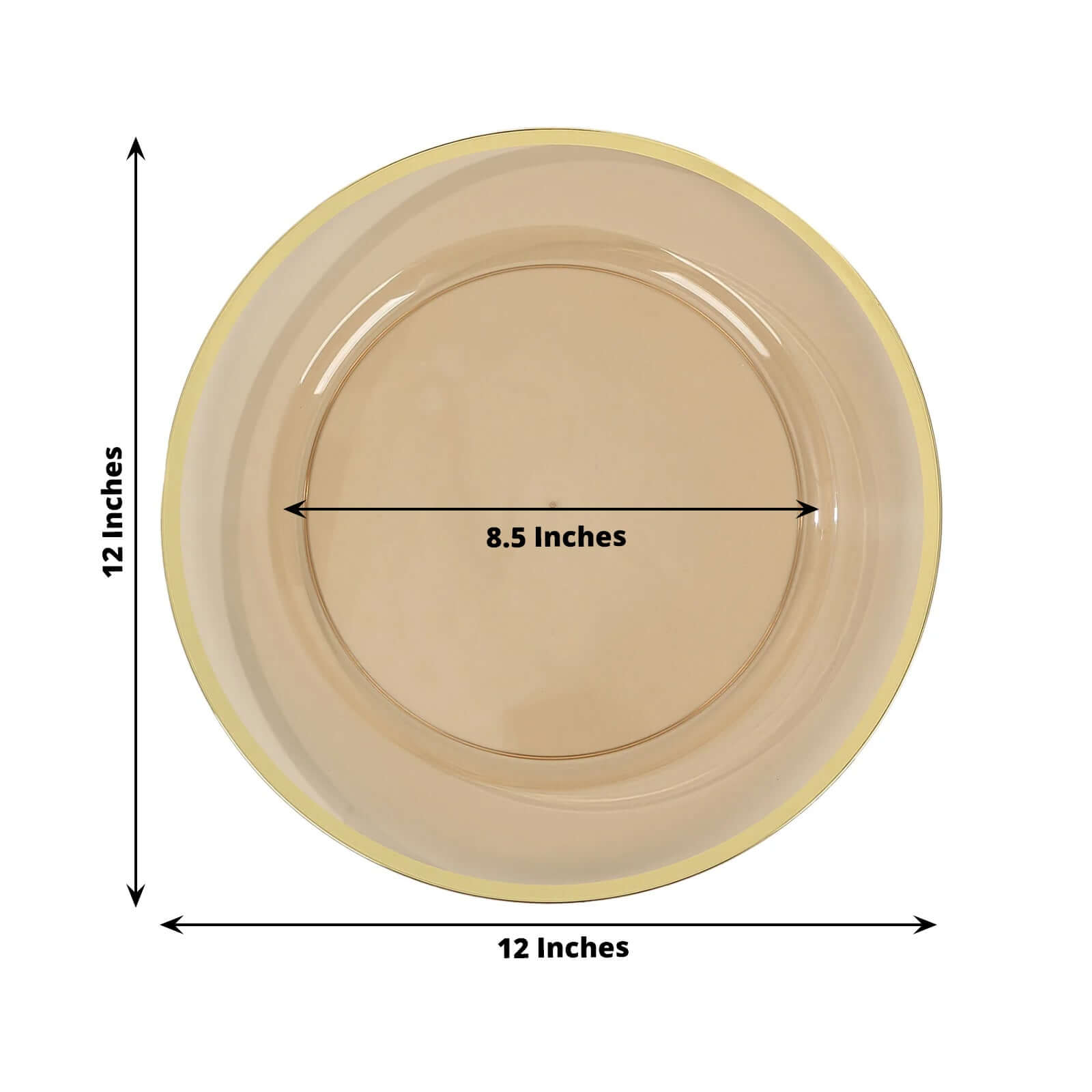 10 - Pack Economy Plastic Round Charger Plates 12" in Transparent Amber Gold with Wide Gold Rim, Decorative Dinner Party Serving Plates - Bell Racket Store