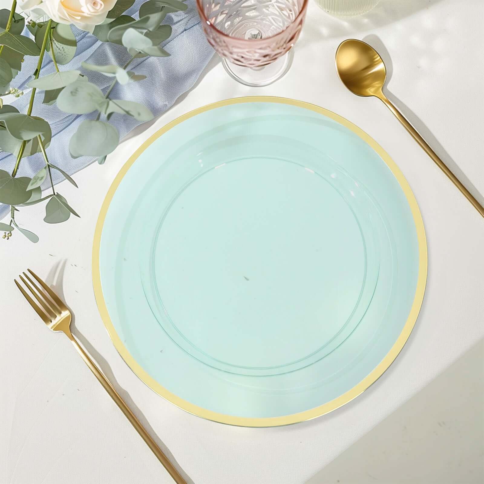 10 - Pack Economy Plastic Round Charger Plates 12" in Transparent Blue with Wide Gold Rim, Decorative Dinner Party Serving Plates - Bell Racket Store