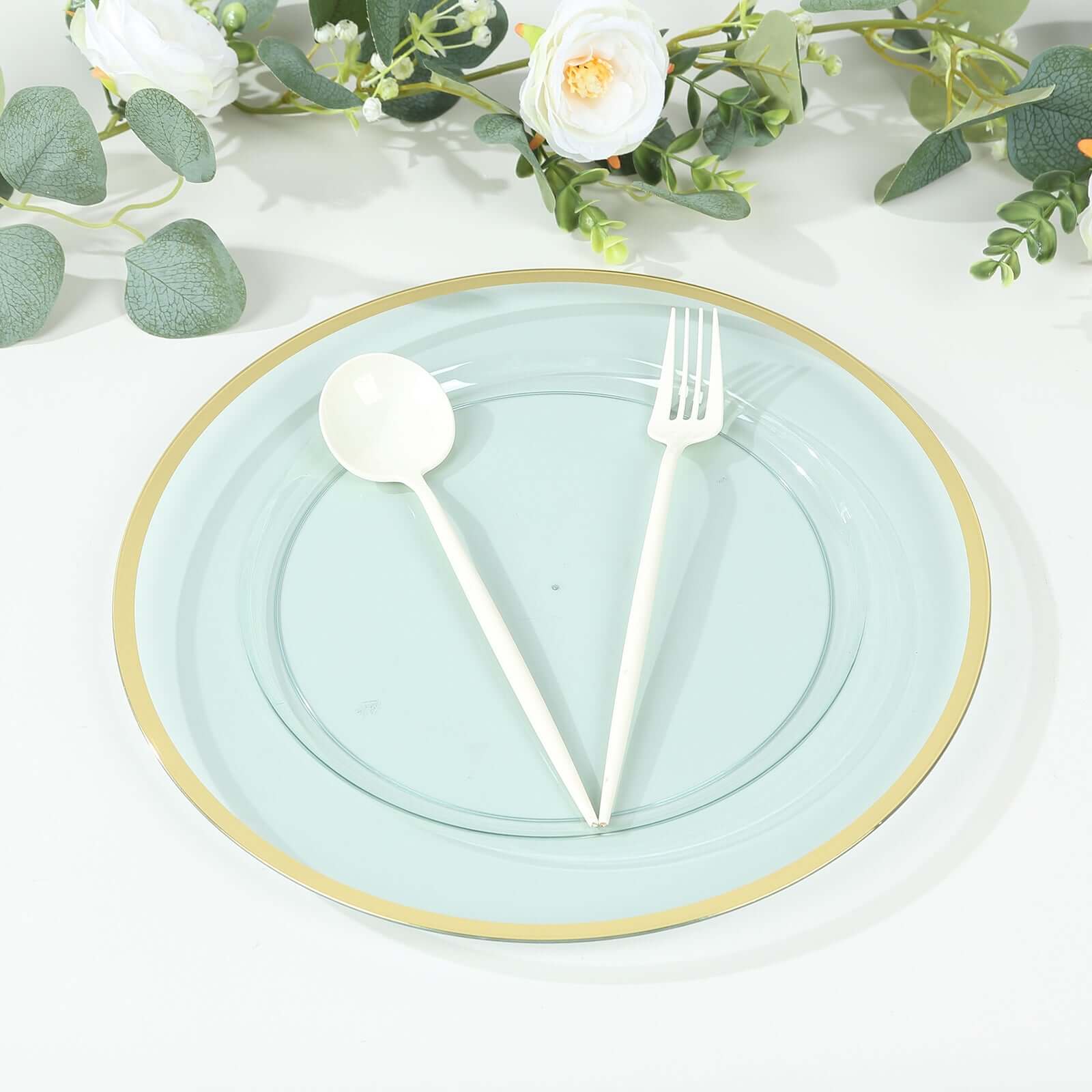 10 - Pack Economy Plastic Round Charger Plates 12" in Transparent Blue with Wide Gold Rim, Decorative Dinner Party Serving Plates - Bell Racket Store