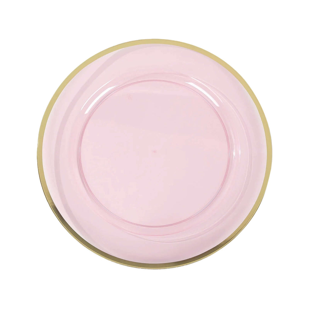 10 - Pack Economy Plastic Round Charger Plates 12" in Transparent Blush with Wide Gold Rim, Decorative Dinner Party Serving Plates - Bell Racket Store