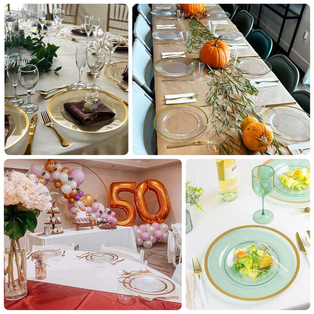 10 - Pack Economy Plastic Round Charger Plates 12" in Transparent Blush with Wide Gold Rim, Decorative Dinner Party Serving Plates - Bell Racket Store