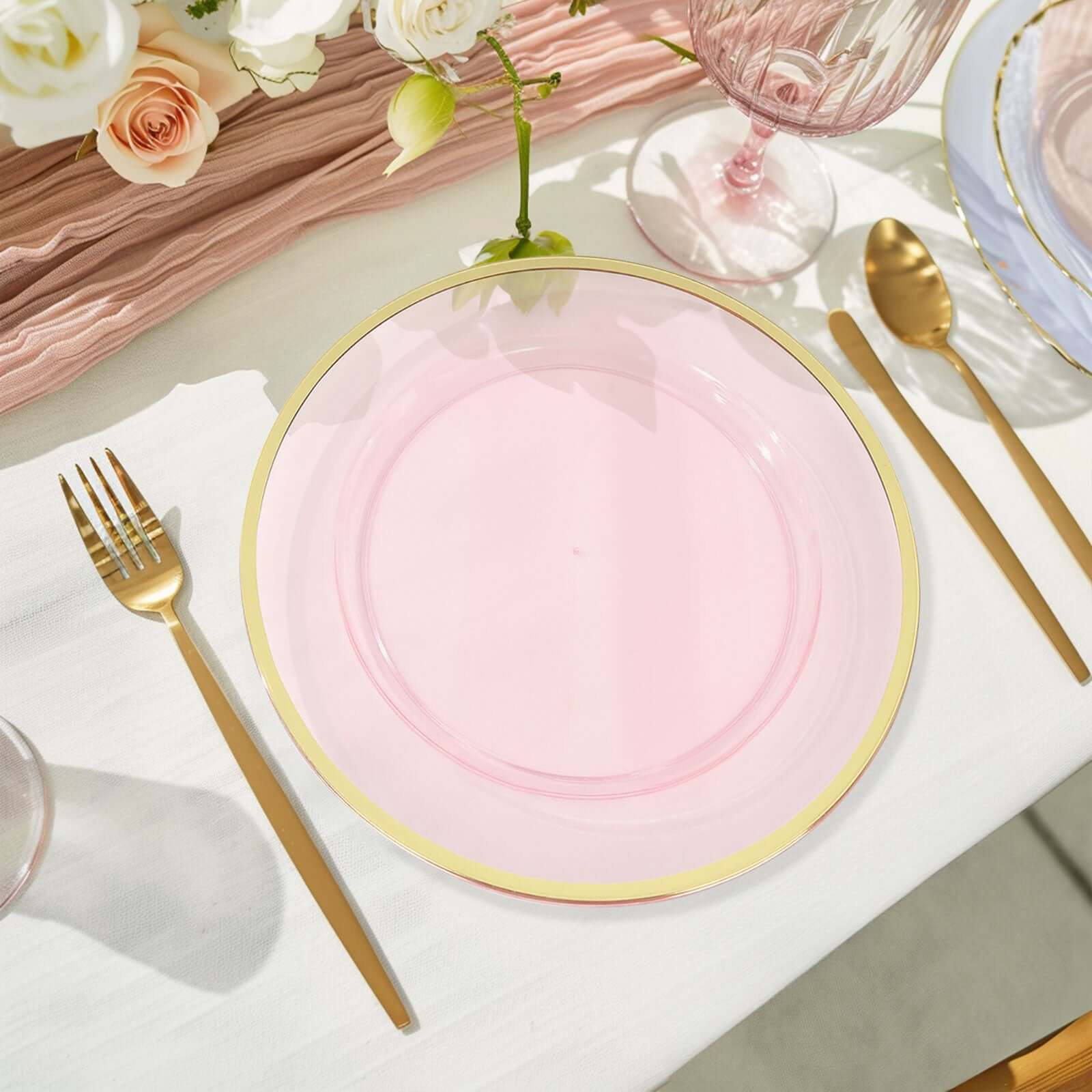 10 - Pack Economy Plastic Round Charger Plates 12" in Transparent Blush with Wide Gold Rim, Decorative Dinner Party Serving Plates - Bell Racket Store