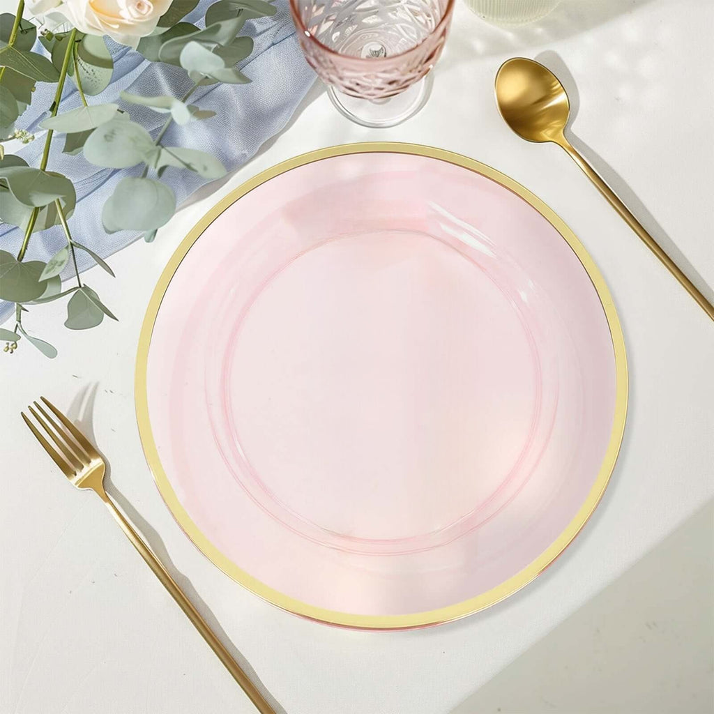 10 - Pack Economy Plastic Round Charger Plates 12" in Transparent Blush with Wide Gold Rim, Decorative Dinner Party Serving Plates - Bell Racket Store
