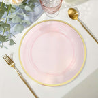 10 - Pack Economy Plastic Round Charger Plates 12" in Transparent Blush with Wide Gold Rim, Decorative Dinner Party Serving Plates - Bell Racket Store