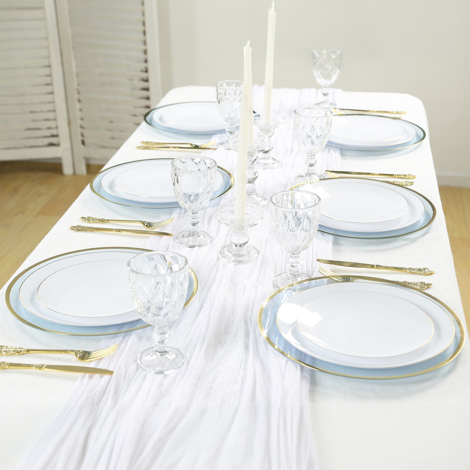 10 - Pack Economy Plastic Round Charger Plates 12" in Transparent Dusty Blue with Wide Gold Rim, Decorative Dinner Party Serving Plates - Bell Racket Store