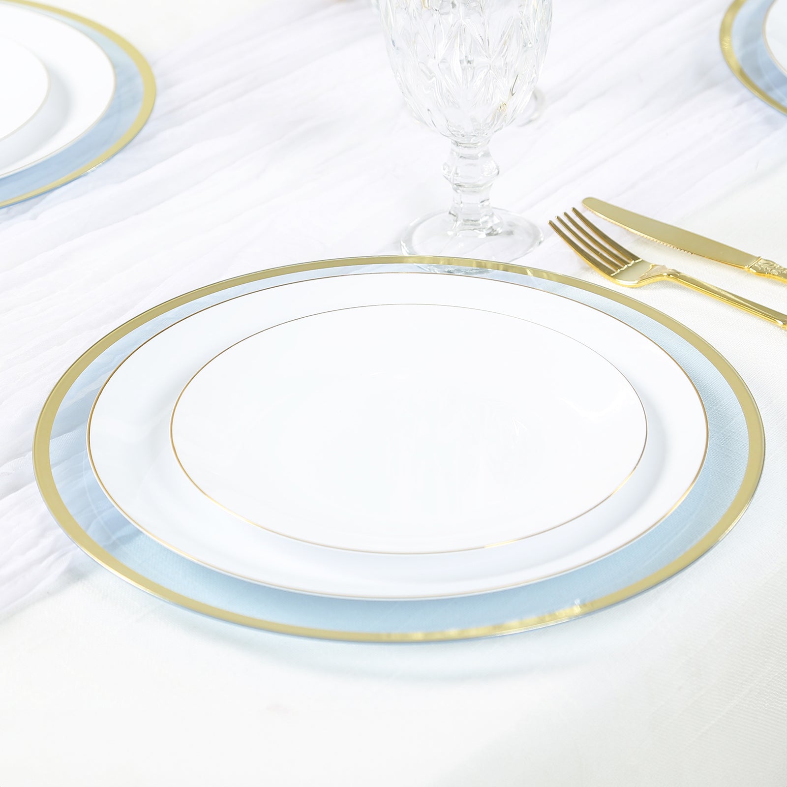 10 - Pack Economy Plastic Round Charger Plates 12" in Transparent Dusty Blue with Wide Gold Rim, Decorative Dinner Party Serving Plates - Bell Racket Store