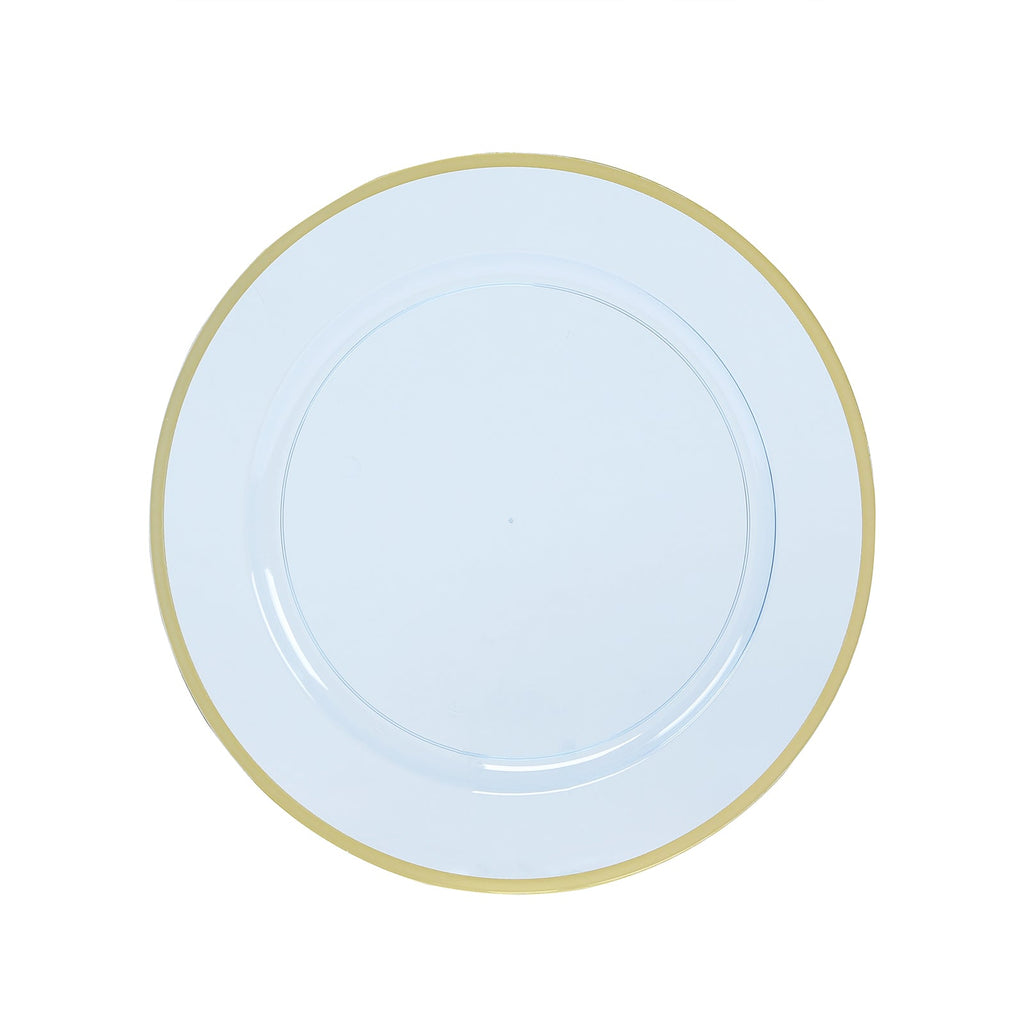 10 - Pack Economy Plastic Round Charger Plates 12" in Transparent Dusty Blue with Wide Gold Rim, Decorative Dinner Party Serving Plates - Bell Racket Store