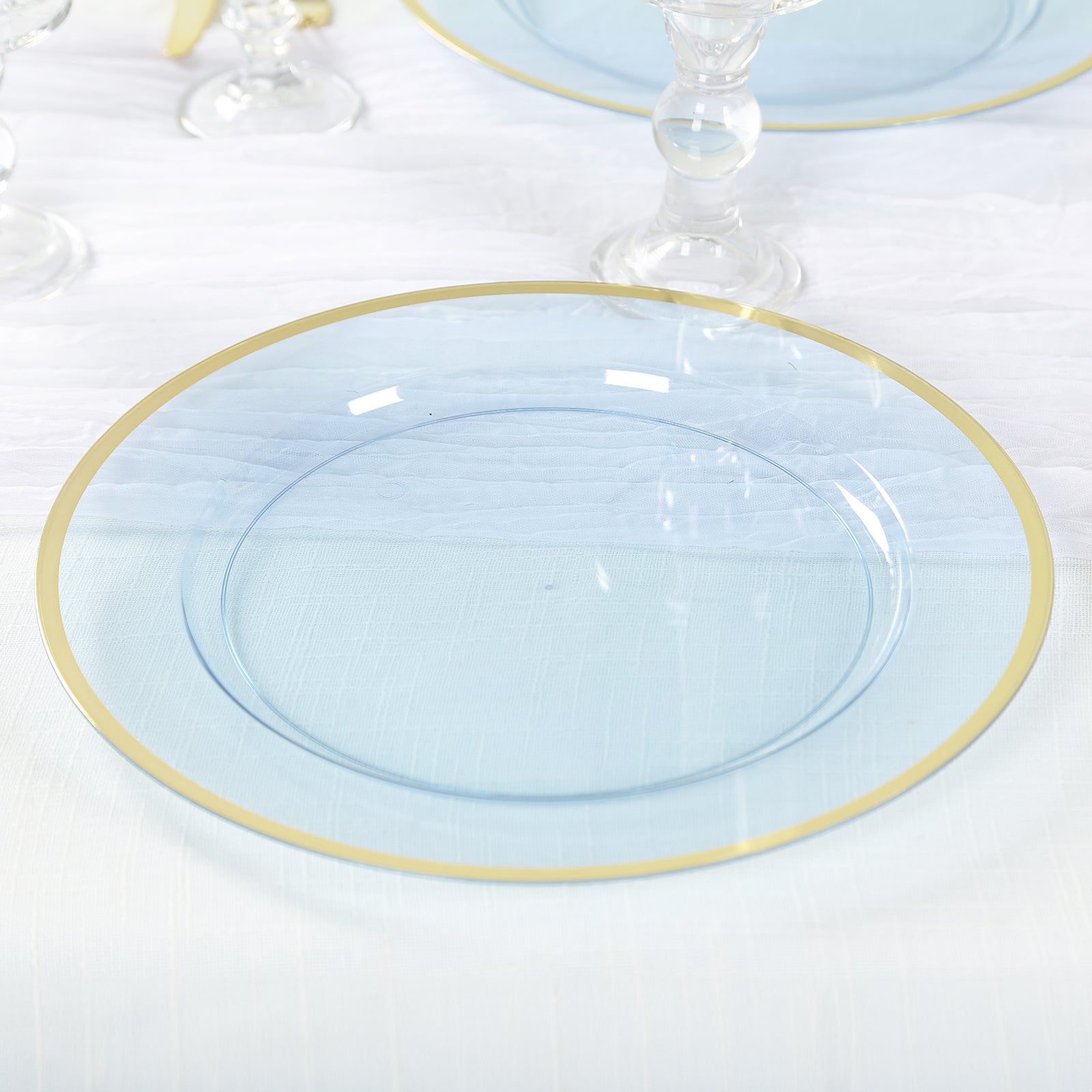 10 - Pack Economy Plastic Round Charger Plates 12" in Transparent Dusty Blue with Wide Gold Rim, Decorative Dinner Party Serving Plates - Bell Racket Store