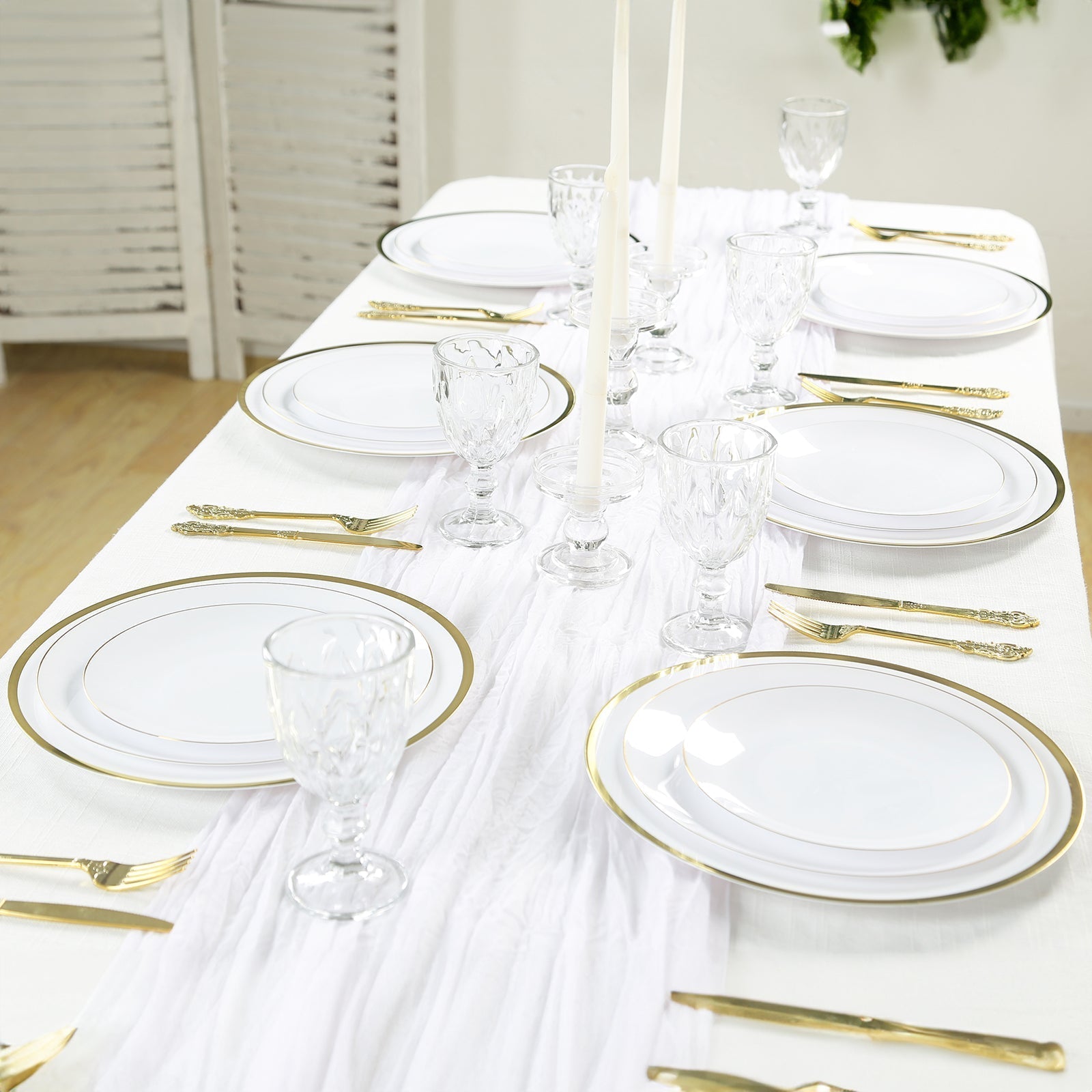 10 - Pack Economy Plastic Round Charger Plates 12" in White with Wide Gold Rim, Decorative Dinner Party Serving Plates - Bell Racket Store