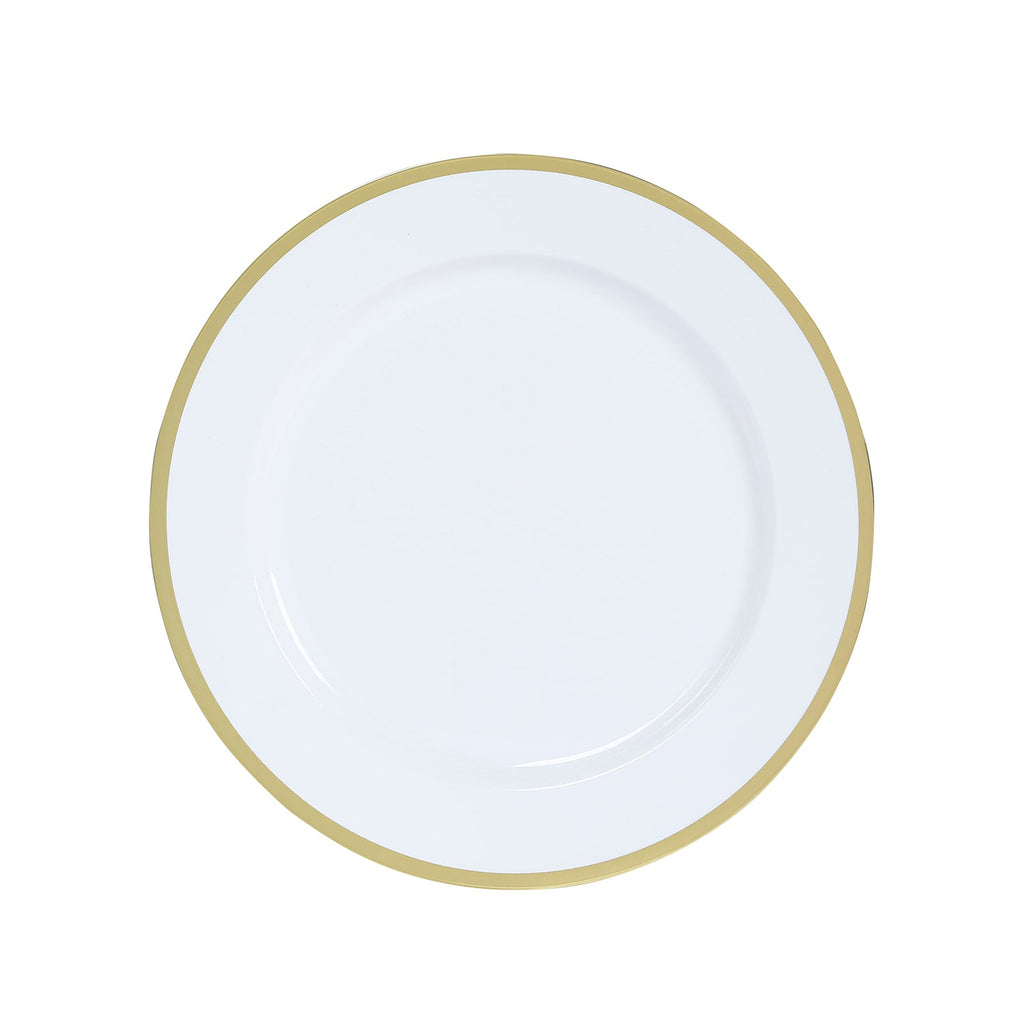 10 - Pack Economy Plastic Round Charger Plates 12" in White with Wide Gold Rim, Decorative Dinner Party Serving Plates - Bell Racket Store