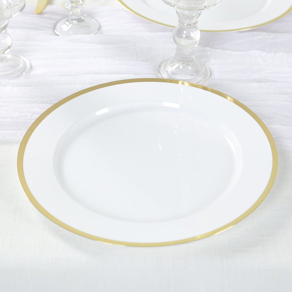 10 - Pack Economy Plastic Round Charger Plates 12" in White with Wide Gold Rim, Decorative Dinner Party Serving Plates - Bell Racket Store