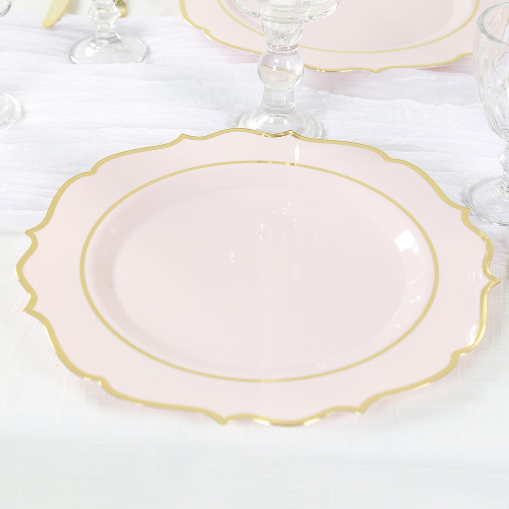 10 - Pack Economy Plastic Round Charger Plates 13" in Blush with Gold Scalloped Rim, Decorative Dinner Party Serving Plates - Bell Racket Store