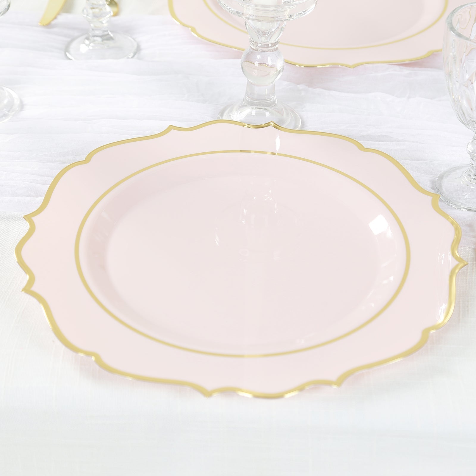 10 - Pack Economy Plastic Round Charger Plates 13" in Blush with Gold Scalloped Rim, Decorative Dinner Party Serving Plates - Bell Racket Store