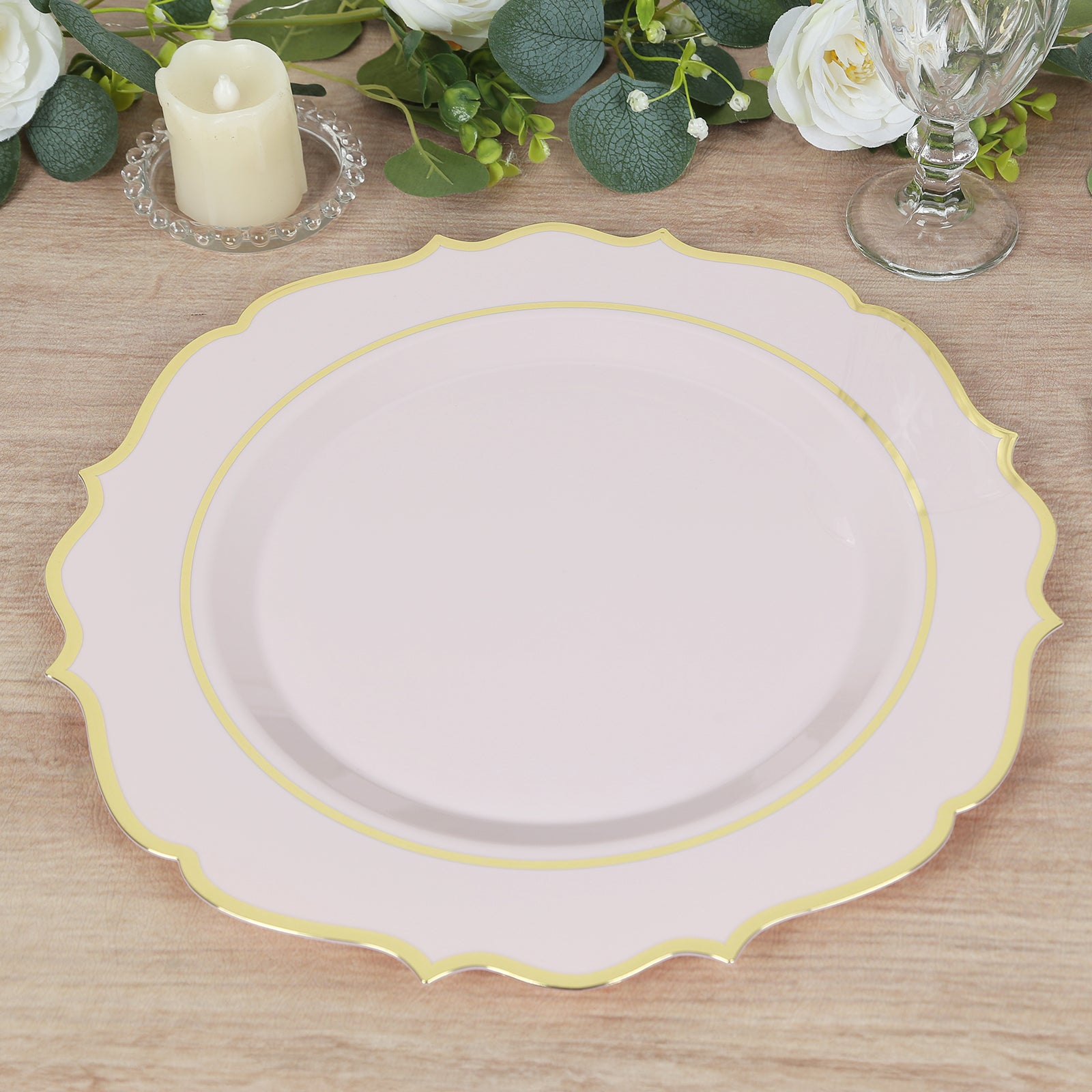 10 - Pack Economy Plastic Round Charger Plates 13" in Blush with Gold Scalloped Rim, Decorative Dinner Party Serving Plates - Bell Racket Store