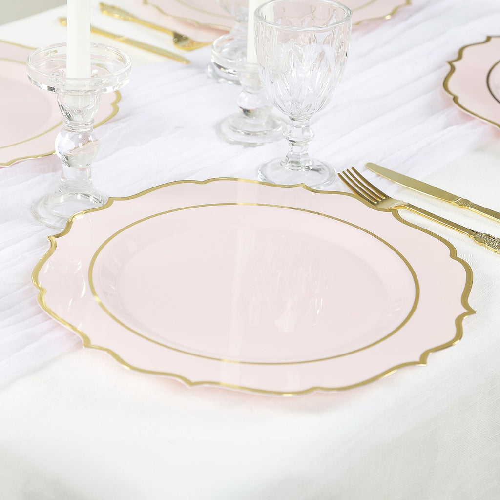 10 - Pack Economy Plastic Round Charger Plates 13" in Blush with Gold Scalloped Rim, Decorative Dinner Party Serving Plates - Bell Racket Store