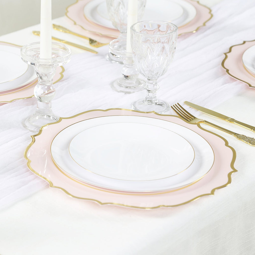 10 - Pack Economy Plastic Round Charger Plates 13" in Blush with Gold Scalloped Rim, Decorative Dinner Party Serving Plates - Bell Racket Store