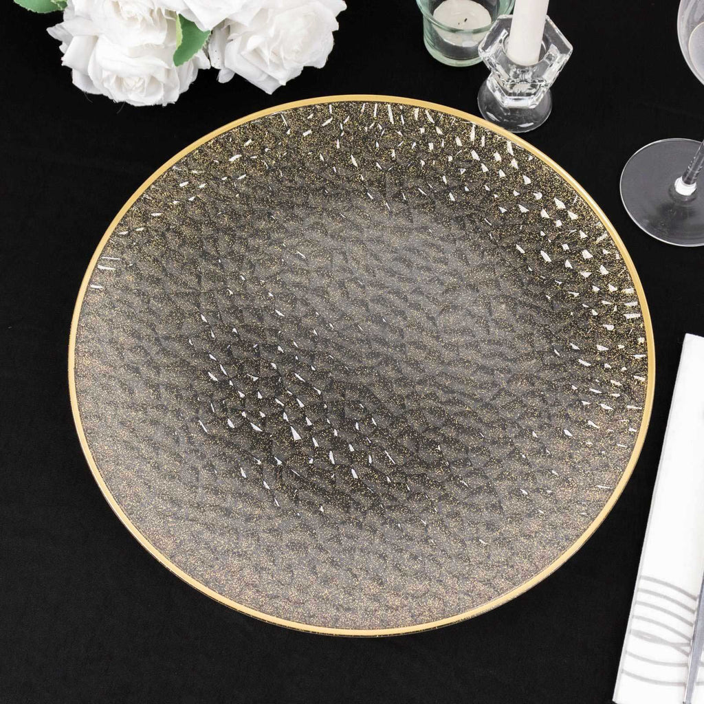 10 - Pack Economy Plastic Round Charger Plates 13" in Clear Hammered Design with Glittered Gold Rim - Decorative Dinner Party Serving Plates - Bell Racket Store