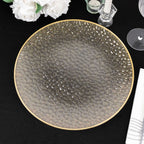 10 - Pack Economy Plastic Round Charger Plates 13" in Clear Hammered Design with Glittered Gold Rim - Decorative Dinner Party Serving Plates - Bell Racket Store
