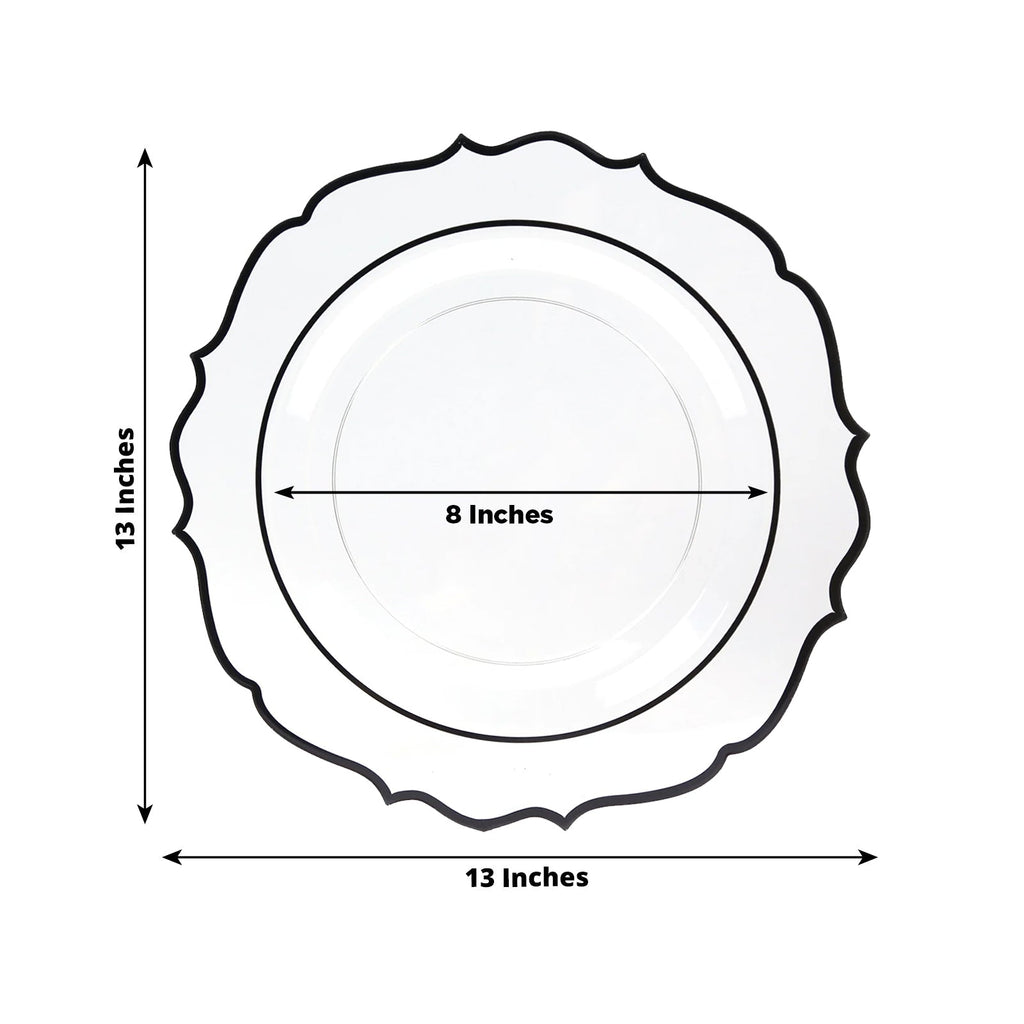 10 - Pack Economy Plastic Round Charger Plates 13" in Clear with Black Scalloped Rim, Decorative Dinner Party Serving Plates - Bell Racket Store