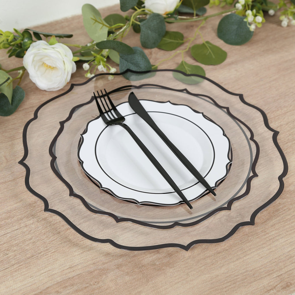 10 - Pack Economy Plastic Round Charger Plates 13" in Clear with Black Scalloped Rim, Decorative Dinner Party Serving Plates - Bell Racket Store