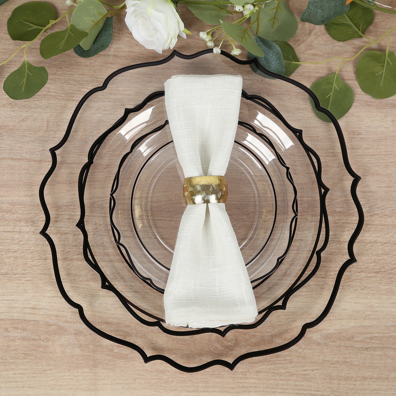 10 - Pack Economy Plastic Round Charger Plates 13" in Clear with Black Scalloped Rim, Decorative Dinner Party Serving Plates - Bell Racket Store