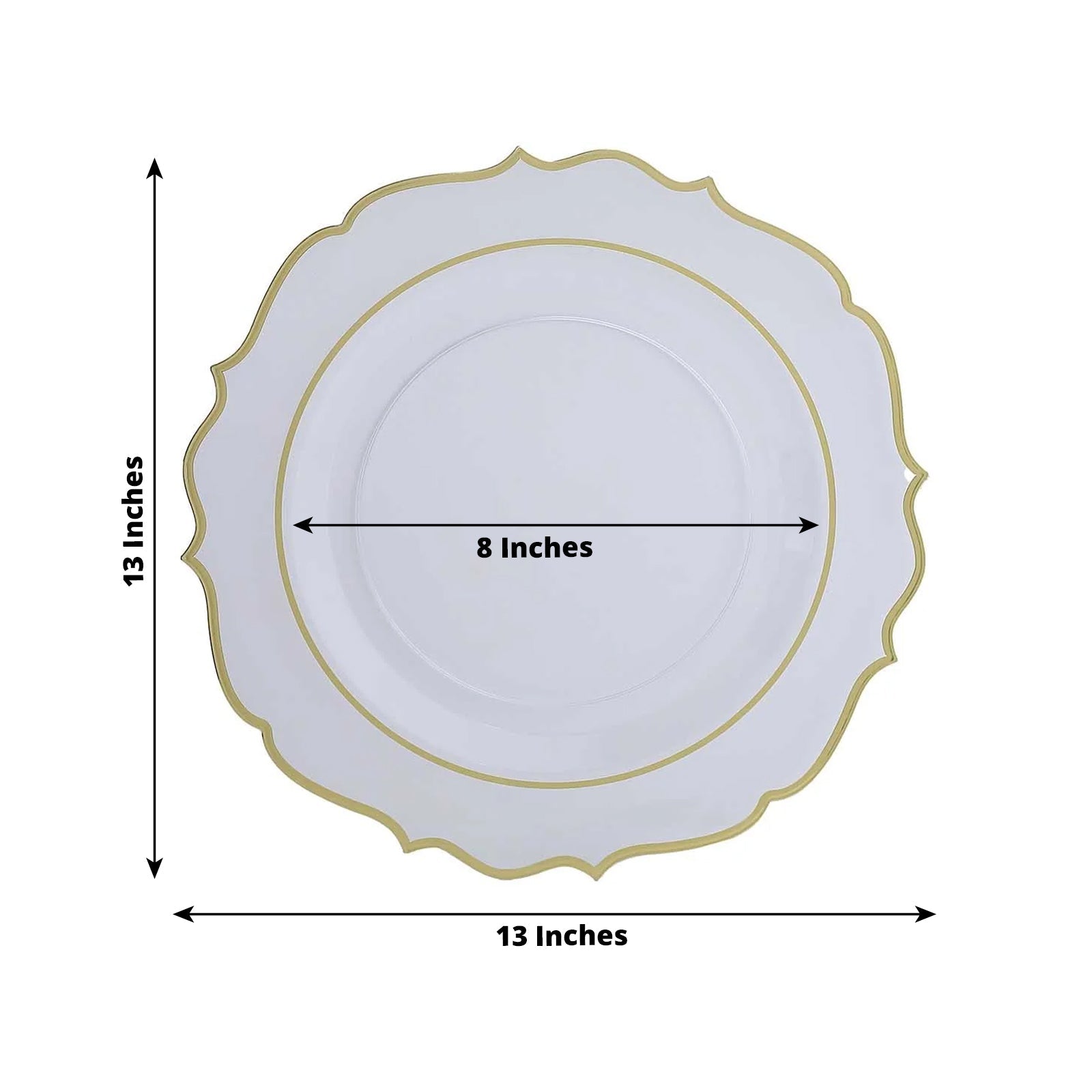 10 - Pack Economy Plastic Round Charger Plates 13" in Clear with Gold Scalloped Rim, Decorative Dinner Party Serving Plates - Bell Racket Store