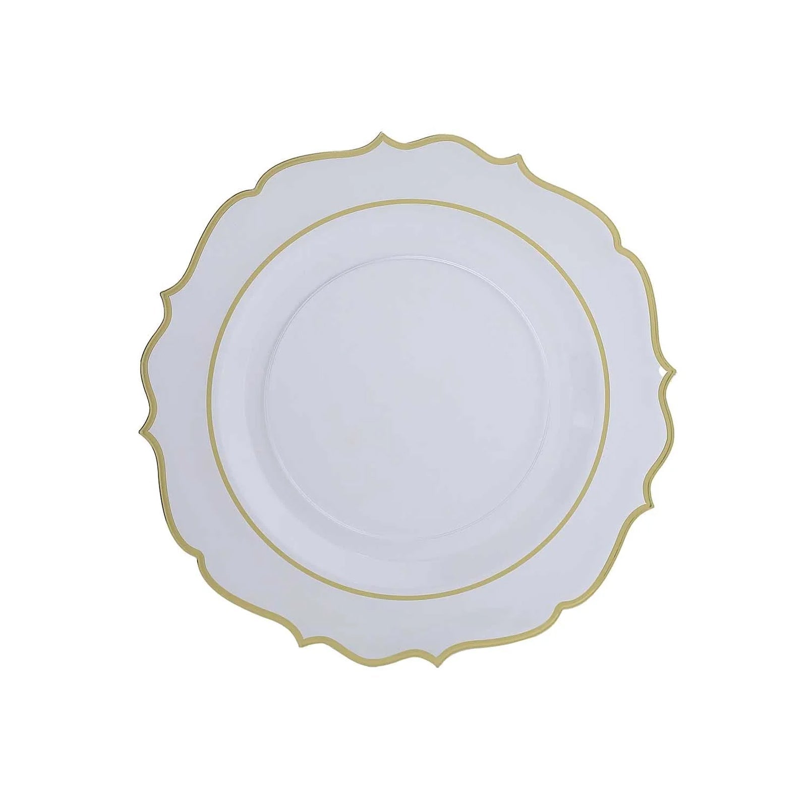 10 - Pack Economy Plastic Round Charger Plates 13" in Clear with Gold Scalloped Rim, Decorative Dinner Party Serving Plates - Bell Racket Store