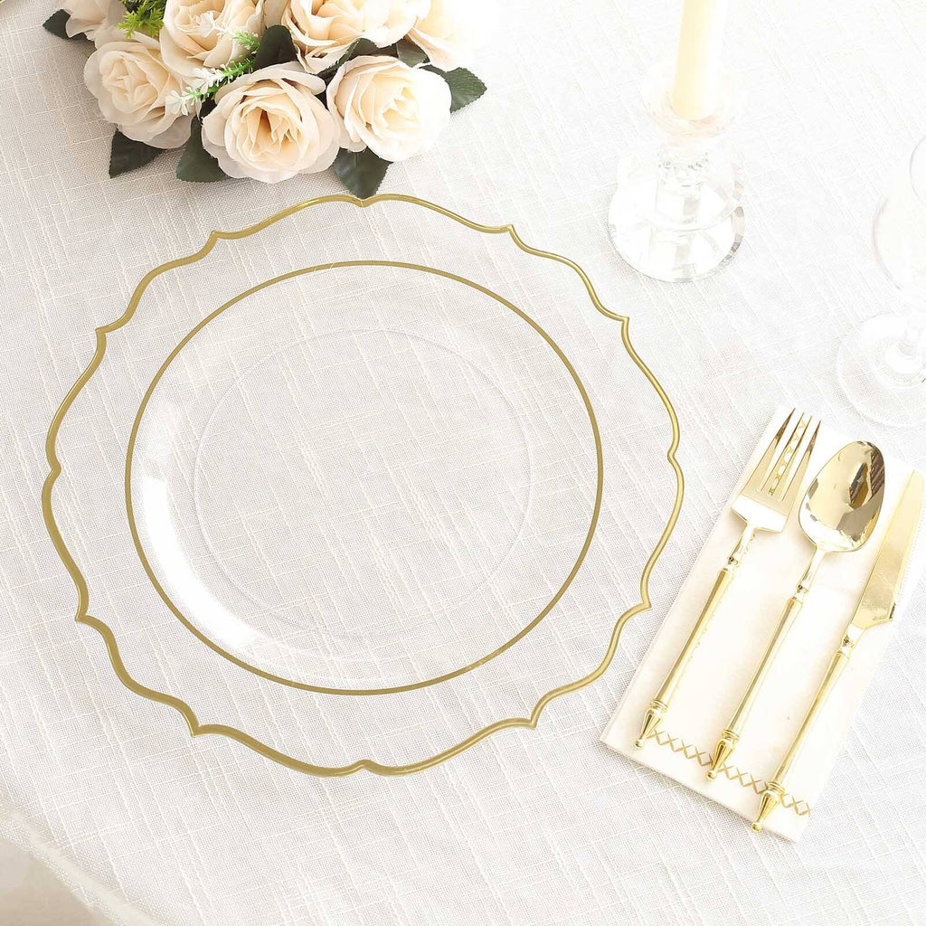 10 - Pack Economy Plastic Round Charger Plates 13" in Clear with Gold Scalloped Rim, Decorative Dinner Party Serving Plates - Bell Racket Store