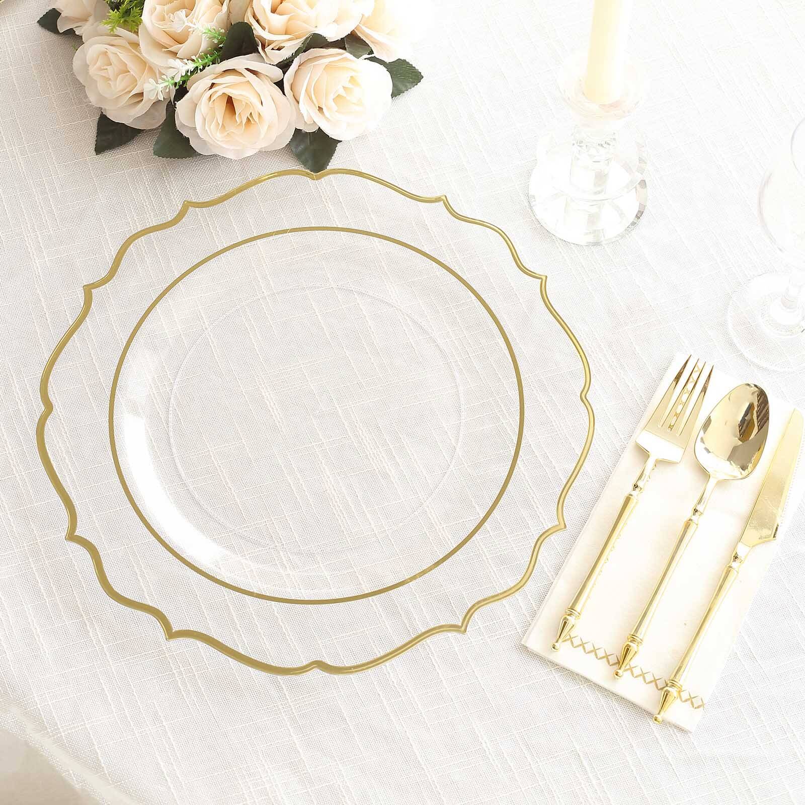 10 - Pack Economy Plastic Round Charger Plates 13" in Clear with Gold Scalloped Rim, Decorative Dinner Party Serving Plates - Bell Racket Store