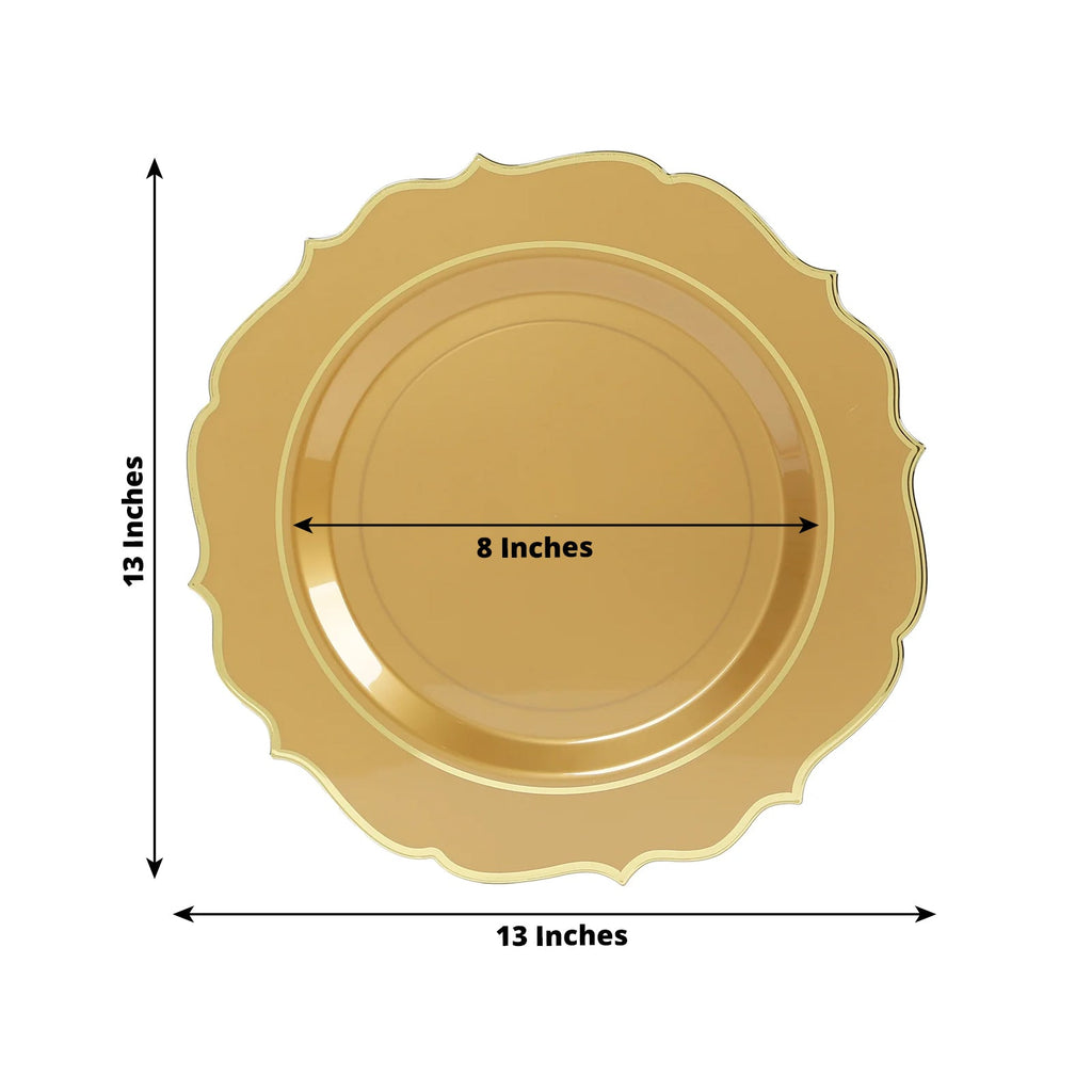 10 - Pack Economy Plastic Round Charger Plates 13" in Gold with Scalloped Rim, Decorative Dinner Party Serving Plates - Bell Racket Store