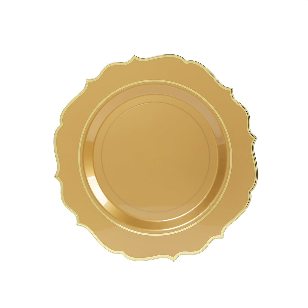 10 - Pack Economy Plastic Round Charger Plates 13" in Gold with Scalloped Rim, Decorative Dinner Party Serving Plates - Bell Racket Store