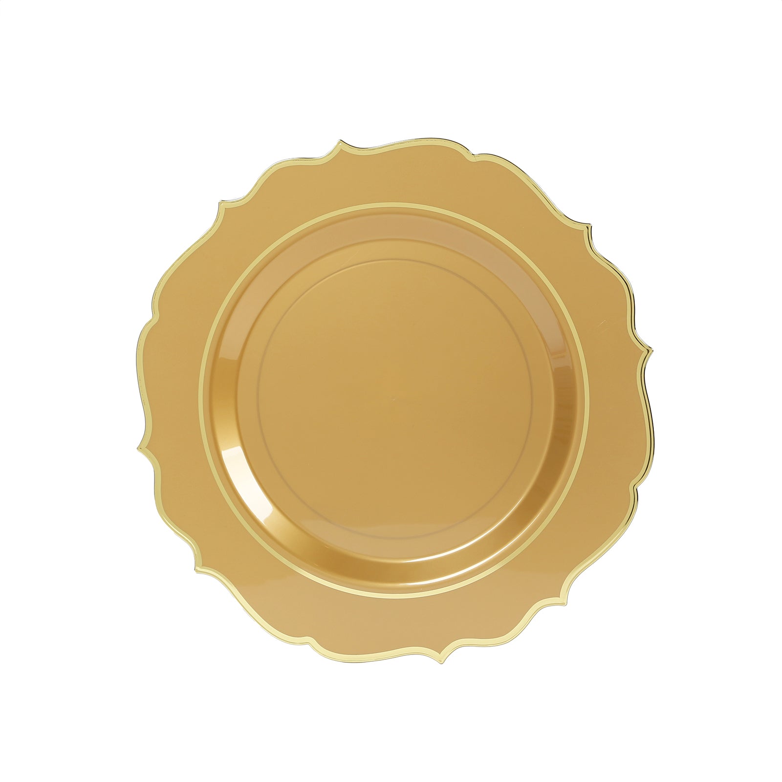 10 - Pack Economy Plastic Round Charger Plates 13" in Gold with Scalloped Rim, Decorative Dinner Party Serving Plates - Bell Racket Store